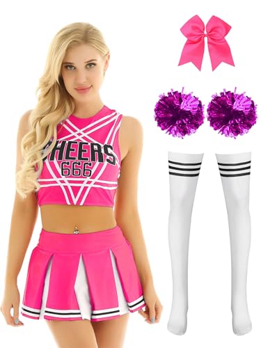 Miutii 5tlg.Damen Cheer Leader Kostüm Cheerleading Kleid Crop Tops mit Minirock Pompoms Haarband Cheerleading Tanzkleid Halloween Karneval Fasching Kostüm Dunkel Rosa M von Miutii