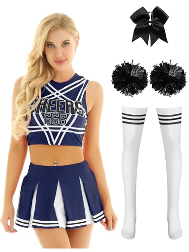 Miutii 5tlg.Damen Cheer Leader Kostüm Cheerleading Kleid Crop Tops mit Minirock Pompoms Haarband Cheerleading Tanzkleid Halloween Karneval Fasching Kostüm Marine Blau L von Miutii