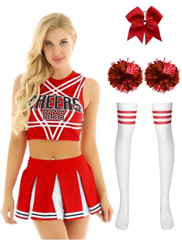 Miutii 5tlg.Damen Cheer Leader Kostüm Cheerleading Kleid Crop Tops mit Minirock Pompoms Haarband Cheerleading Tanzkleid Halloween Karneval Fasching Kostüm Rot S von Miutii