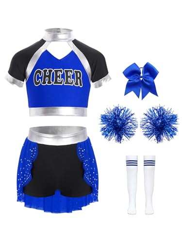 Miutii 5tlg.Mädchen Cheer Leader Kostüm Cheerleading Kleid Kurzarm Crop Tops mit Rock Pompoms Socken Karneval Fasching Party Tanzkleid Blau 110-116 von Miutii