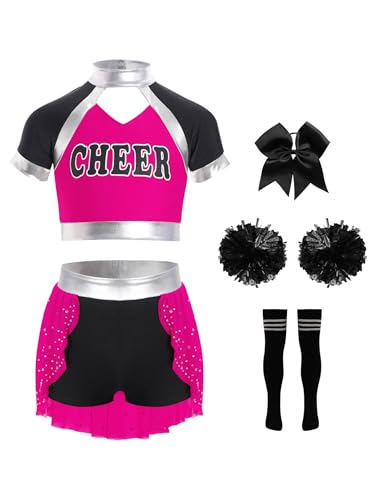 Miutii 5tlg.Mädchen Cheer Leader Kostüm Cheerleading Kleid Kurzarm Crop Tops mit Rock Pompoms Socken Karneval Fasching Party Tanzkleid Dunkel Rosa&Schwarz 158-164 von Miutii