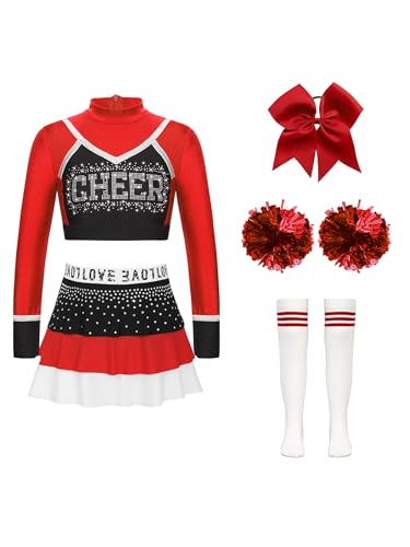 Miutii 5tlg.Mädchen Cheer Leader Kostüm Cheerleading Kleid Langarm Crop Tops mit Rock Pompoms Socken Haarband Halloween Karneval Fasching Tanzkleid Rot 110-116 von Miutii