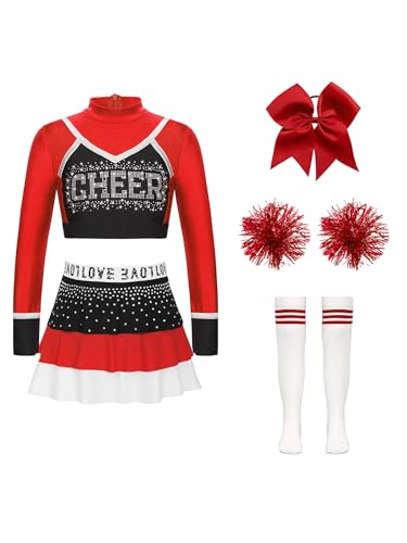 Miutii 5tlg.Mädchen Cheer Leader Kostüm Cheerleading Kleid Langarm Crop Tops mit Rock Pompoms Socken Haarband Halloween Karneval Fasching Tanzkleid Rot&Weiß 122-128 von Miutii