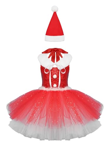 Miutii Baby Mädchen Weihnachten Kleid Glitzer Weihnachtskleid mit Hut Mesh Tutu Kleid Weihnachtsmann Kostüm Weihnachten Partykleid Weihnachtsoutfits Rot 110-116 von Miutii