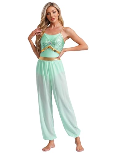 Miutii Damen Arabische Prinzessin Kostüm Pailletten Jumpsuit Glitzer Body Overall mit Chiffon Pumphose Bauchtanz Kostüm Halloween Karneval Fasching Kostüm Blaugrün L von Miutii