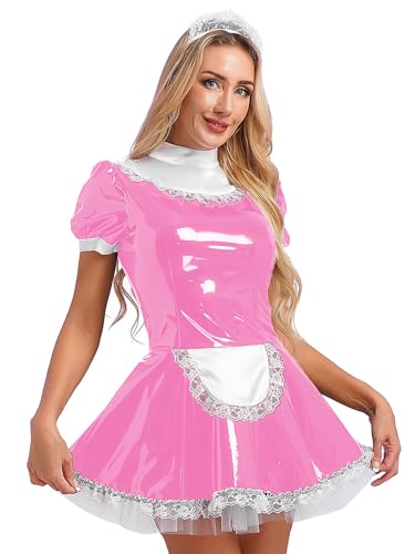 Miutii Damen Dienstmädchen Kostüm Wetlook Minikleid mit Stirnband Französisch Maid Kostüm Zimmermädchen Kostüm Halloween Karneval Fasching Rosa 5XL von Miutii