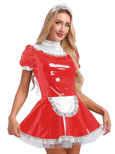 Miutii Damen Dienstmädchen Kostüm Wetlook Minikleid mit Stirnband Französisch Maid Kostüm Zimmermädchen Kostüm Halloween Karneval Fasching Rot 3XL von Miutii