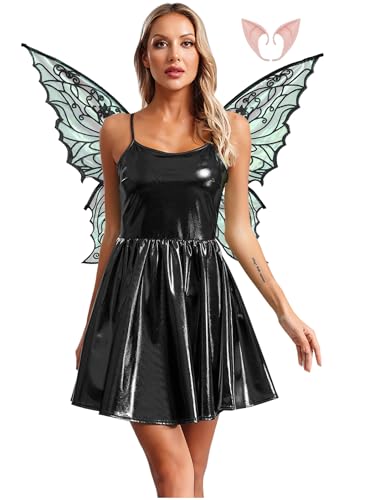 Miutii Damen Fee Kleid Feenkostüm Holographic Rock Kleid Metallic Partykleid Elfenkleid mit Schmetterlings Feenflügel Elfenohren Karneval Fasching Kostüm Schwarz XXL von Miutii