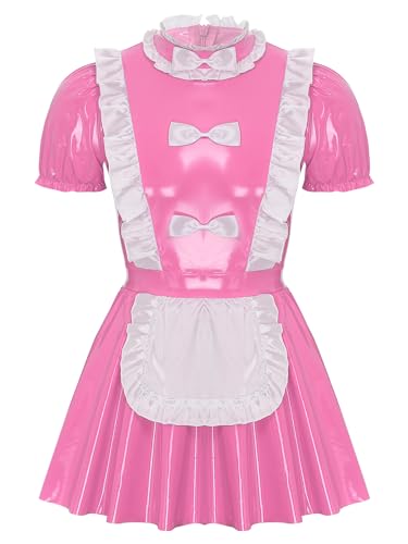 Miutii Herren Dienstmädchen Kostüm Kleid Wetlook Lackleder Maid Kleid Zimmermädchen Kostüm Nachtwäsche Cosplay Party Clubwear B Rosa 3XL von Miutii