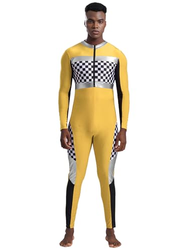 Miutii Herren Rennfahrer Kostüm Racer Kostüm Kariert Langarm Body Overall Jumpsuit Formel 1 Kostüm Halloween Karneval Fasching Kostüm Gelb 3XL von Miutii