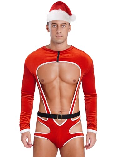 Miutii Herren Weihnachtsmann Kostüm Nikolaus Weihnachten Body Overall mit Weihnachtsmütze Samt Wrestling Bodysuit Weihnachtsoutfit Rot XXL von Miutii