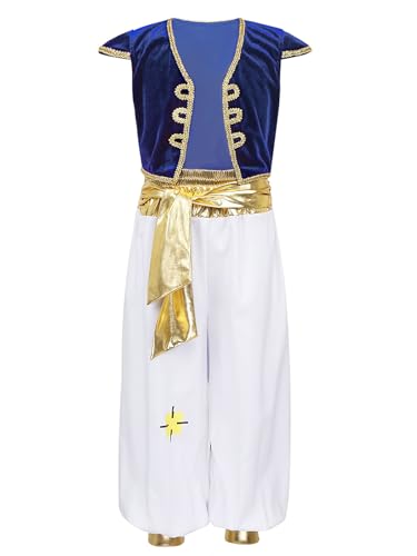 Miutii Jungen Arabische Prinz Kostüm Vintage Samt Weste + Glänzend Hose Kinder Arabische Kleidung Halloween Karneval Fasching Verkleidung Royal Blau 122-128 von Miutii