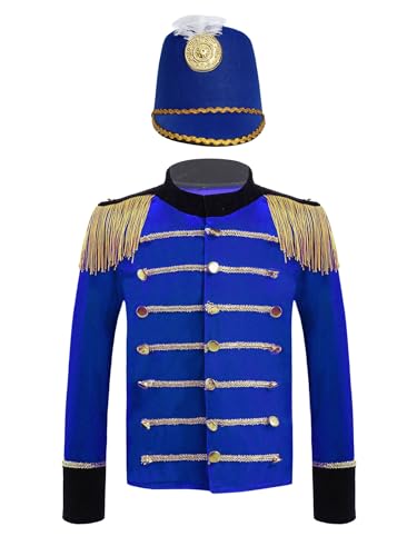 Miutii Jungen Mädchen Zirkus Jacke Mantel + Hut Kinder Zirkus Kostüm Ringmaster Zirkusdirektor Uniform Halloween Karneval Fasching Verkleidung Royal Blau 170-176 von Miutii