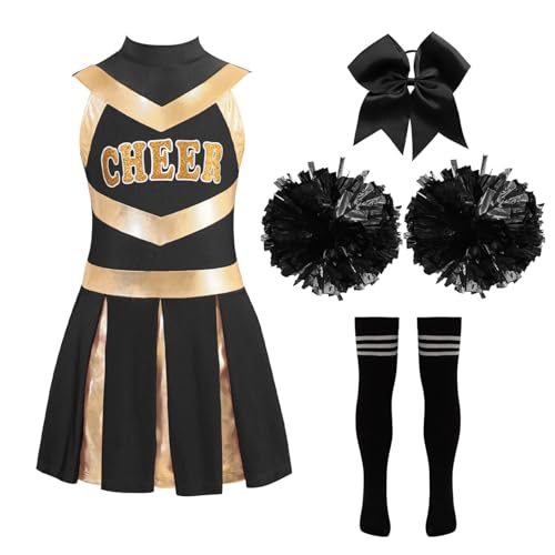 Miutii Kinder Cheer Leader Kleid Mädchen Cheerleading Kostüm 4tlg. Ärmellos Kleid mit Pompoms Socken Cheer Uniform Schule Party Tanzkleid Schwarz 110-116 von Miutii