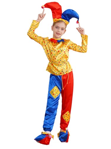 Miutii Kinder Clown Kostüm Zirkus Clown Anzug Langarmshirt + Hose + Schuhe + Hut Spaßmacher Anzug Halloween Karneval Fasching Kostüm Bunt 110-116 von Miutii