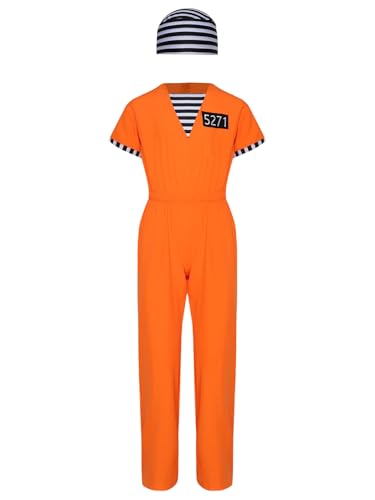 Miutii Kinder Gefangener Kostüm Jungen Mädchen Gefängnis Häftling Overall Jumpsuit mit Mütze Insasse Outfit Halloween Karneval Fasching Orange 146-152 von Miutii