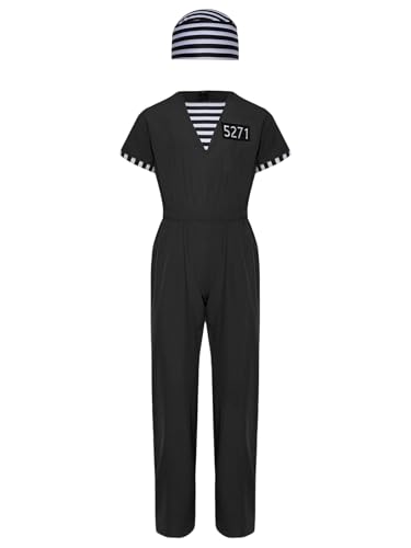 Miutii Kinder Gefangener Kostüm Jungen Mädchen Gefängnis Häftling Overall Jumpsuit mit Mütze Insasse Outfit Halloween Karneval Fasching Schwarz 170-176 von Miutii