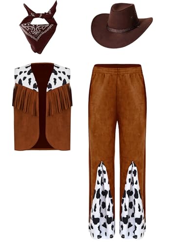 Miutii Kinder Jungen Mädchen Cowboy Kostüm Wildleder Cowboy Weste + Hose + Cowboyhut + Bandana Cowboy Kleidung Karneval Geburtstag Party Outfits Kaffee 110-116 von Miutii