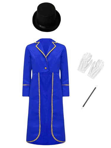 Miutii Kinder Jungen Zirkus Kostüm Frack Jacke Mantel Blazer mit Hut Gothic Zirkus Jacke Zirkusdirektor Uniform Show Tanzkostüm Royal Blau 122-128 von Miutii