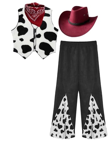 Miutii Kinder Mädchen Cowgirl Kostüm 70er 80er Jahre Hippie Kleidung Fleece Weste + Schlaghose + Cowboyhut + Bandana Cowgirl Disco Party Outfits Weinrot 158-164 von Miutii