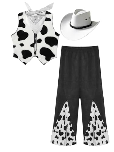 Miutii Kinder Mädchen Cowgirl Kostüm 70er 80er Jahre Hippie Kleidung Fleece Weste + Schlaghose + Cowboyhut + Bandana Cowgirl Disco Party Outfits Weiß 134-140 von Miutii