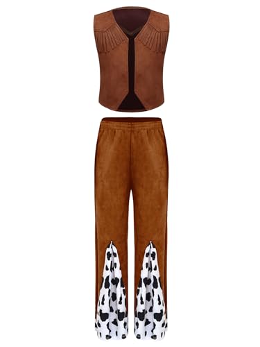 Miutii Kinder Western Cowboy Set Cowboy Weste + Schlaghose Jungen Mädchen Cowboy Anzug Halloween Karneval Geburtstag Party Outfits Braun 134-140 von Miutii