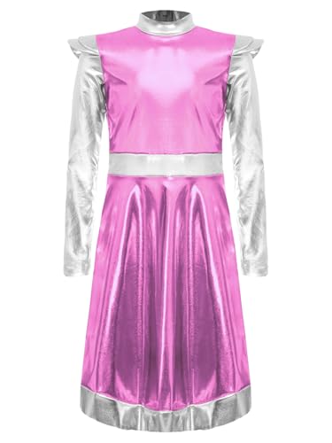 Miutii Mädchen Alien Kleid Metallic Langarm Tanzkleid Außerirdischer Space Girl Kleid Kinder Alien Kostüm Halloween Karneval Fasching Show Tanzkostüm Rosa 110-116 von Miutii