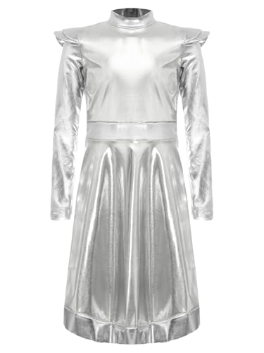 Miutii Mädchen Alien Kleid Metallic Langarm Tanzkleid Außerirdischer Space Girl Kleid Kinder Alien Kostüm Halloween Karneval Fasching Show Tanzkostüm Silber 110-116 von Miutii