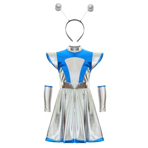 Miutii Mädchen Alien Kostüm Metallic Alien Kleid mit Haarreif Armstulpen Space Girl Kleid Gläzend Tanzkleid Halloween Karneval Fasching Show Tanzkostüm Silber 134-140 von Miutii