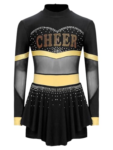 Miutii Mädchen Cheer Leader Kleid Langarm Cheerleading Kleid Mesh Patchwork Glitzer Tanzkleid Halloween Karneval Fasching Partykleid A Schwarz 122-128 von Miutii