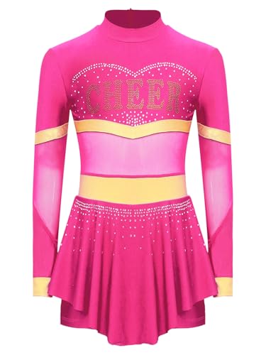 Miutii Mädchen Cheer Leader Kleid Langarm Cheerleading Kleid Mesh Patchwork Glitzer Tanzkleid Halloween Karneval Fasching Partykleid Dunkel Rosa 122-128 von Miutii