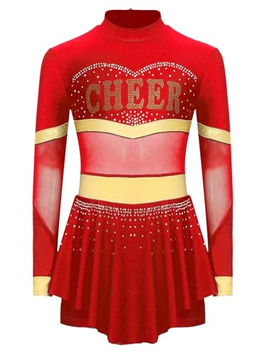 Miutii Mädchen Cheer Leader Kleid Langarm Cheerleading Kleid Mesh Patchwork Glitzer Tanzkleid Halloween Karneval Fasching Partykleid Rot 134-140 von Miutii