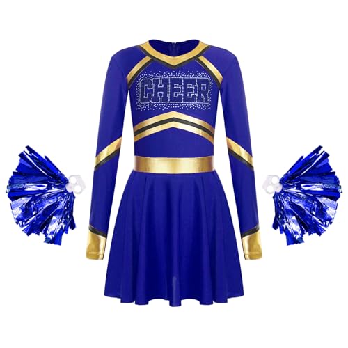 Miutii Mädchen Cheer Leader Kleid mit Pompoms Langarm Kleid Cheerleading Uniform Halloween Karneval Fasching Performance Partykleid Blau 146-152 von Miutii