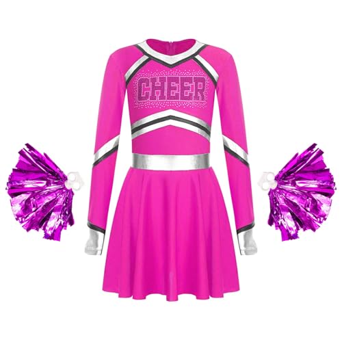 Miutii Mädchen Cheer Leader Kleid mit Pompoms Langarm Kleid Cheerleading Uniform Halloween Karneval Fasching Performance Partykleid Dunkel Rosa 146-152 von Miutii