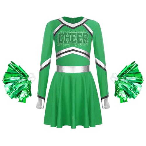 Miutii Mädchen Cheer Leader Kleid mit Pompoms Langarm Kleid Cheerleading Uniform Halloween Karneval Fasching Performance Partykleid Grün 110-116 von Miutii