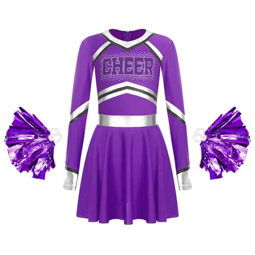 Miutii Mädchen Cheer Leader Kleid mit Pompoms Langarm Kleid Cheerleading Uniform Halloween Karneval Fasching Performance Partykleid Lila 110-116 von Miutii