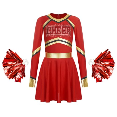 Miutii Mädchen Cheer Leader Kleid mit Pompoms Langarm Kleid Cheerleading Uniform Halloween Karneval Fasching Performance Partykleid Rot 146-152 von Miutii