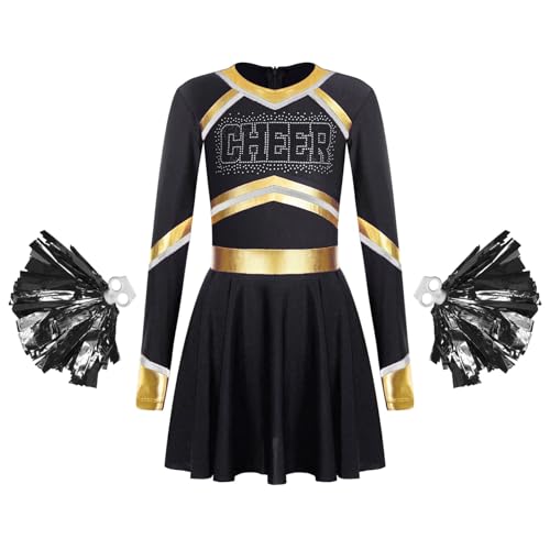 Miutii Mädchen Cheer Leader Kleid mit Pompoms Langarm Kleid Cheerleading Uniform Halloween Karneval Fasching Performance Partykleid Schwarz 146-152 von Miutii