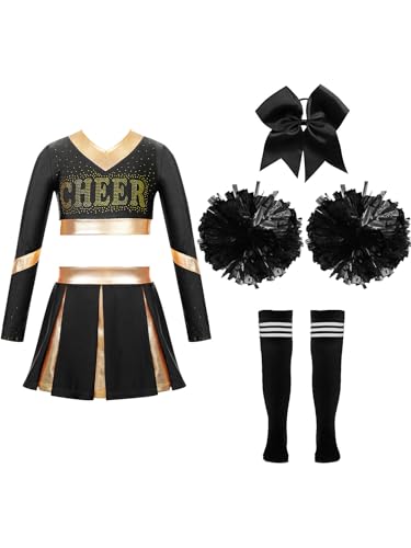 Miutii Mädchen Cheer Leader Kostüm Cheerleading Uniform Crop Tops mit Rock Pompoms Socken Halloween Karneval Fasching Bühnenkostüm Tanzkleid A Schwarz 146-152 von Miutii