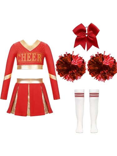 Miutii Mädchen Cheer Leader Kostüm Cheerleading Uniform Crop Tops mit Rock Pompoms Socken Halloween Karneval Fasching Bühnenkostüm Tanzkleid Aa Rot 134-140 von Miutii