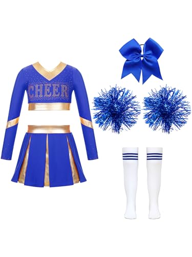 Miutii Mädchen Cheer Leader Kostüm Cheerleading Uniform Crop Tops mit Rock Pompoms Socken Halloween Karneval Fasching Bühnenkostüm Tanzkleid B Blau 110-116 von Miutii