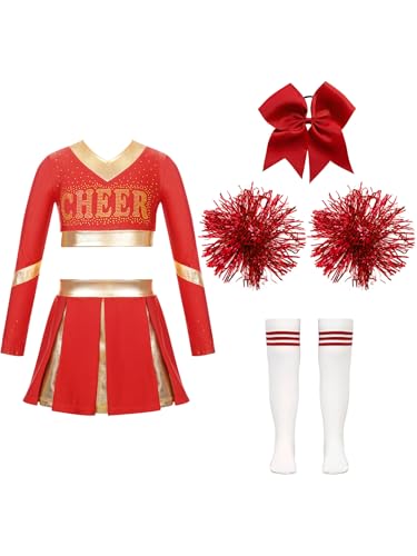 Miutii Mädchen Cheer Leader Kostüm Cheerleading Uniform Crop Tops mit Rock Pompoms Socken Halloween Karneval Fasching Bühnenkostüm Tanzkleid B Rot 122-128 von Miutii