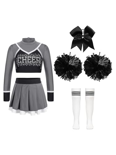 Miutii Mädchen Cheer Leader Kostüm Cheerleading Uniform Crop Tops mit Rock Pompoms Socken Halloween Karneval Fasching Bühnenkostüm Tanzkleid C Grau&Schwarz 122-128 von Miutii