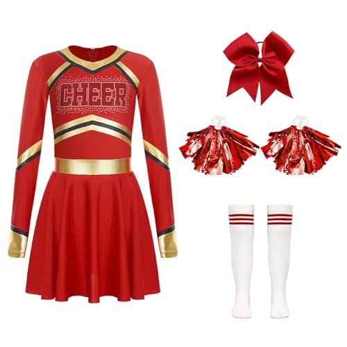 Miutii Mädchen Cheer Leader Kostüm Cheerleading Uniform Langarm Kleid mit Pompoms Socken Haarband Halloween Karneval Fasching Show Tanzkleid Rot 170-176 von Miutii