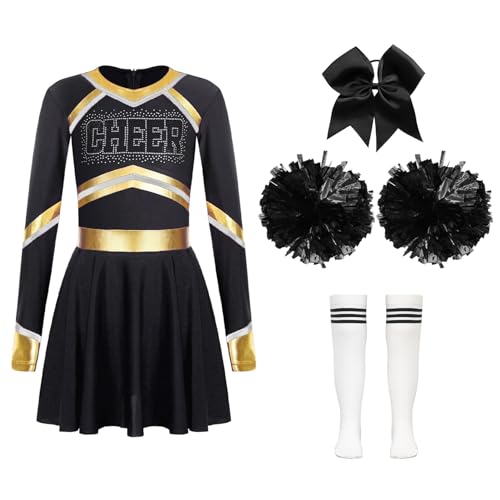 Miutii Mädchen Cheer Leader Kostüm Cheerleading Uniform Langarm Kleid mit Pompoms Socken Haarband Halloween Karneval Fasching Show Tanzkleid Weiß Schwarz 158-164 von Miutii