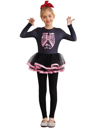 Miutii Mädchen Skelett Kleid Halloween Overall Jumpsuit mit Tutu Rock Geister Skelett Kleid Halloween Karneval Faschingskostüm Party Outfits Schwarz 122-128 von Miutii