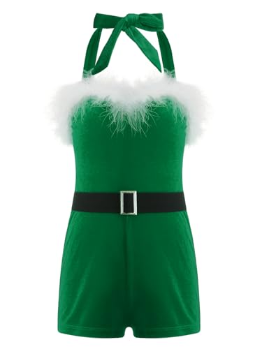 Miutii Mädchen Weihnachten Body Overall Kurz Jumpsuit Weihnachtsmann Kostüm Kinder Weihnachten Kostüm Xmas Weihnachtsoutfits Grün 158-164 von Miutii