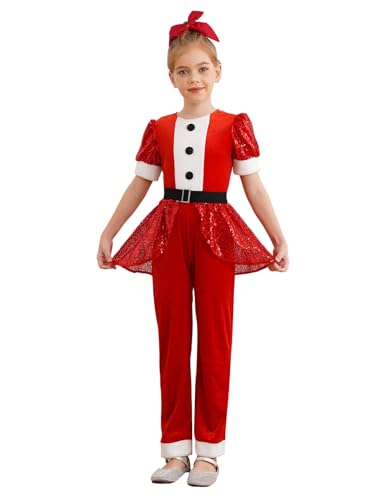 Miutii Mädchen Weihnachten Kostüm Weihnachten Kleid mit Pailletten Jumpsuit Overall Nikolaus Weihnachtsmann Kostüm Weihnachten Tanzkostüm Rot 134-140 von Miutii