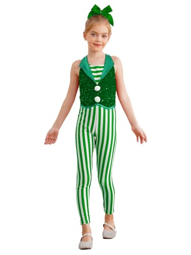 Miutii Mädchen Weihnachten Kostüm Zuckerstangen Streifen Overall Pailletten Jumpsuit Ballett Trikotanzug Weihnachtskostüm Weihnachtsoutfits Grün 110-116 von Miutii