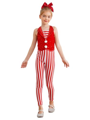 Miutii Mädchen Weihnachten Kostüm Zuckerstangen Streifen Overall Pailletten Jumpsuit Ballett Trikotanzug Weihnachtskostüm Weihnachtsoutfits Rot 158-164 von Miutii